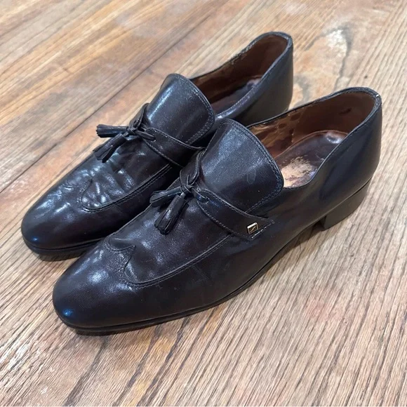 YSL Men VTG Oxford Tassel Wingtip Bright Dark Brown Dress Shoes LOGO 9D